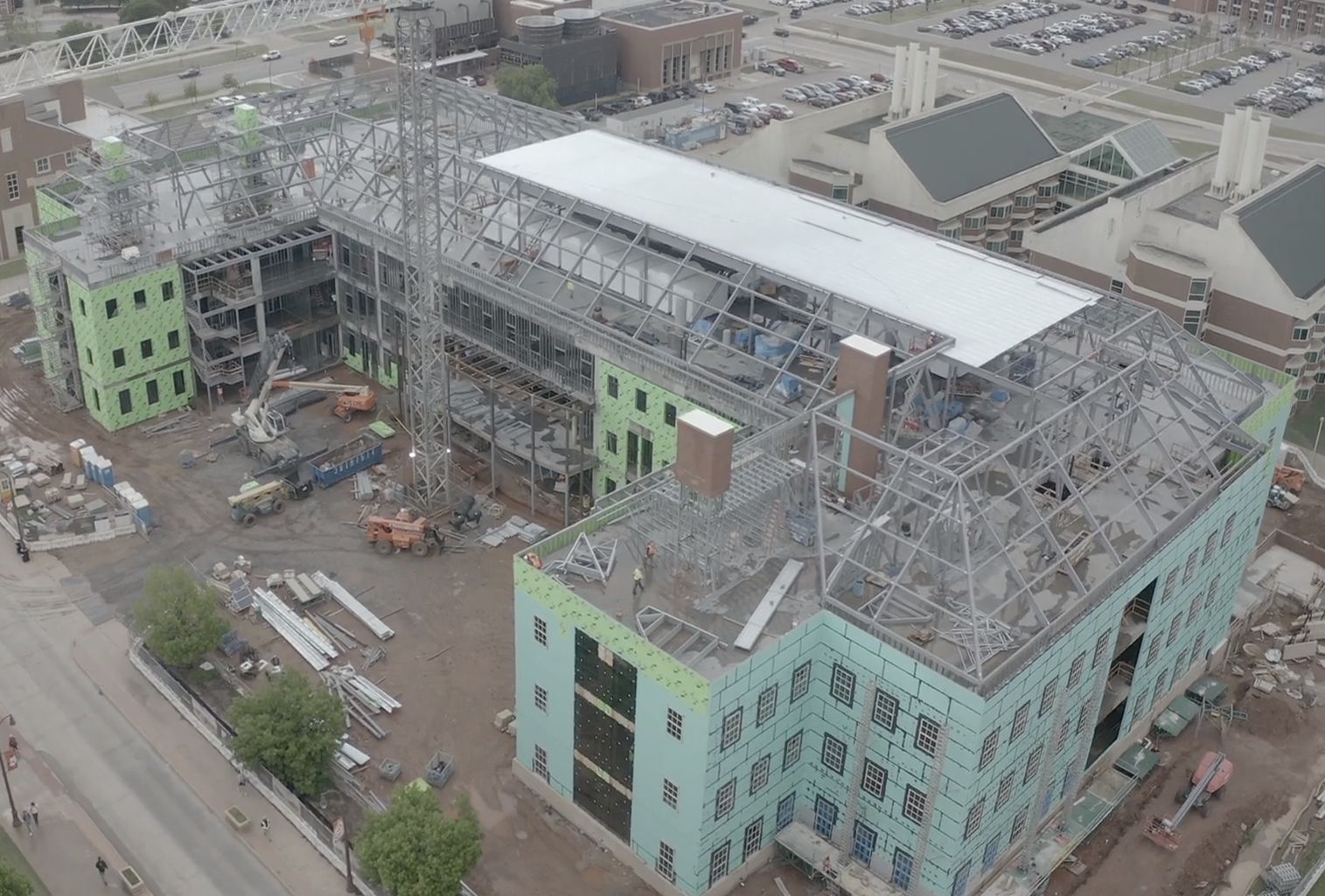 Aerial view of steel framing at OSU